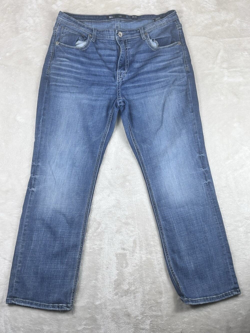 BKE Tyler Straight Jeans Mens Sz 36x30 Blue Stretch Stretch Whiskers Travel Work